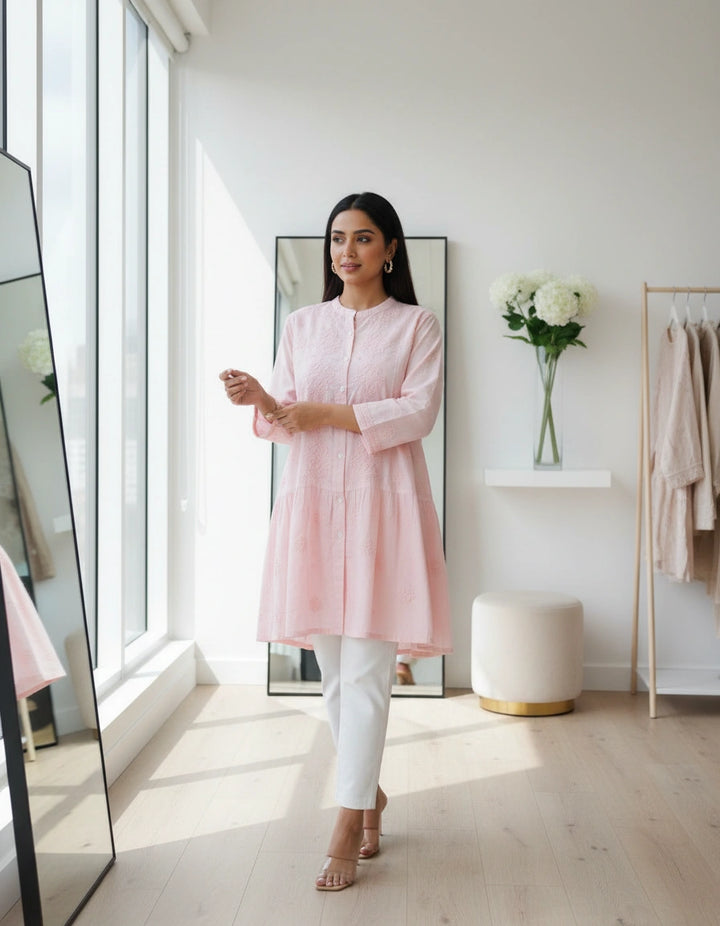 Peach Cotton Chikankari Short kurta