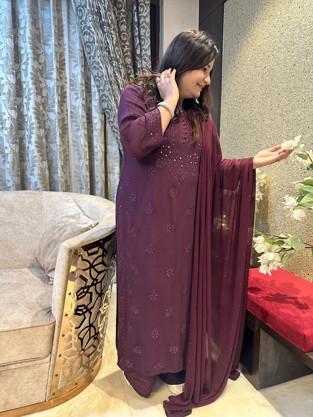 Wine Chikankari Georgette Suit Set-Custom Made