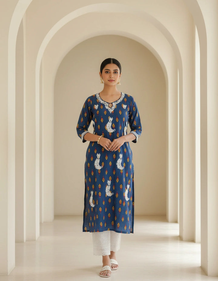 Blue Printed Cotton Chikankari Short kurta