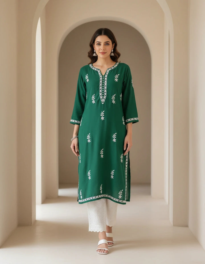 Dark Green Rayon Chikankari Short Kurta