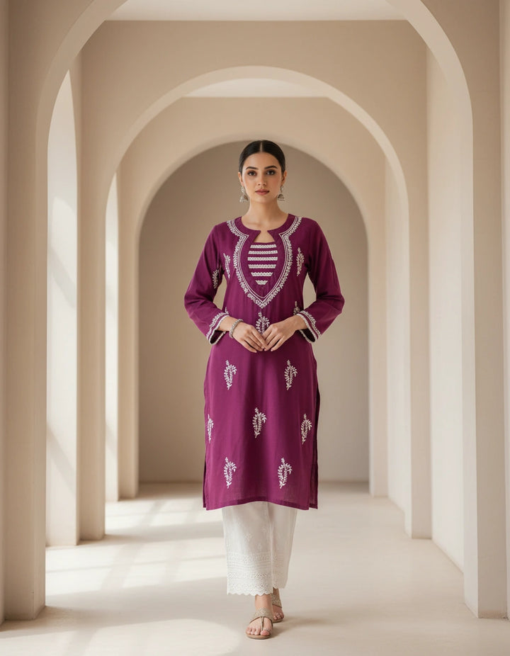 Wine Rayon Chikankari Short kurta