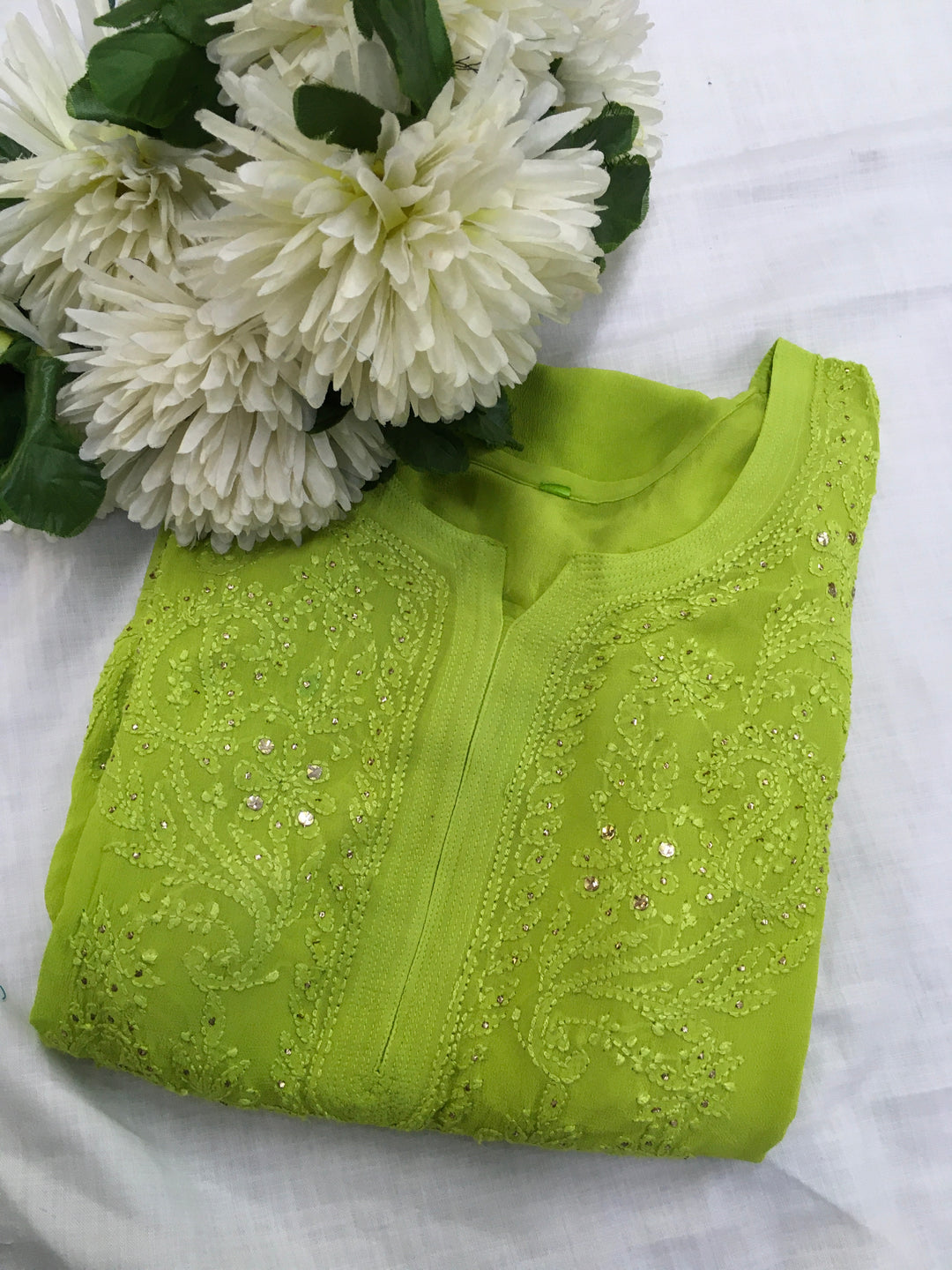 Parrot green Georgette Chikankari Kurta