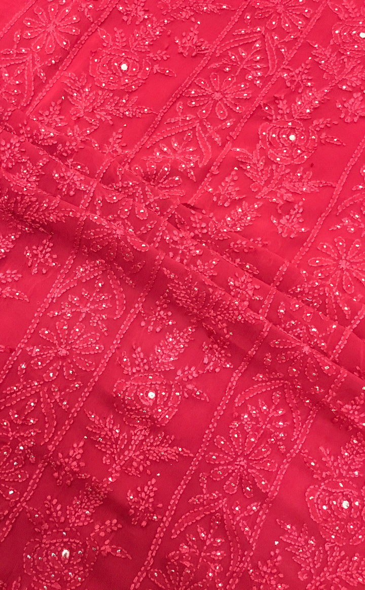 Red georgette Chikankari kurta duppata fabric