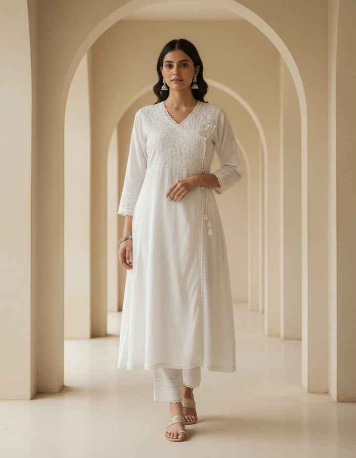 White Cotton Chikankari Angrakha Kurta