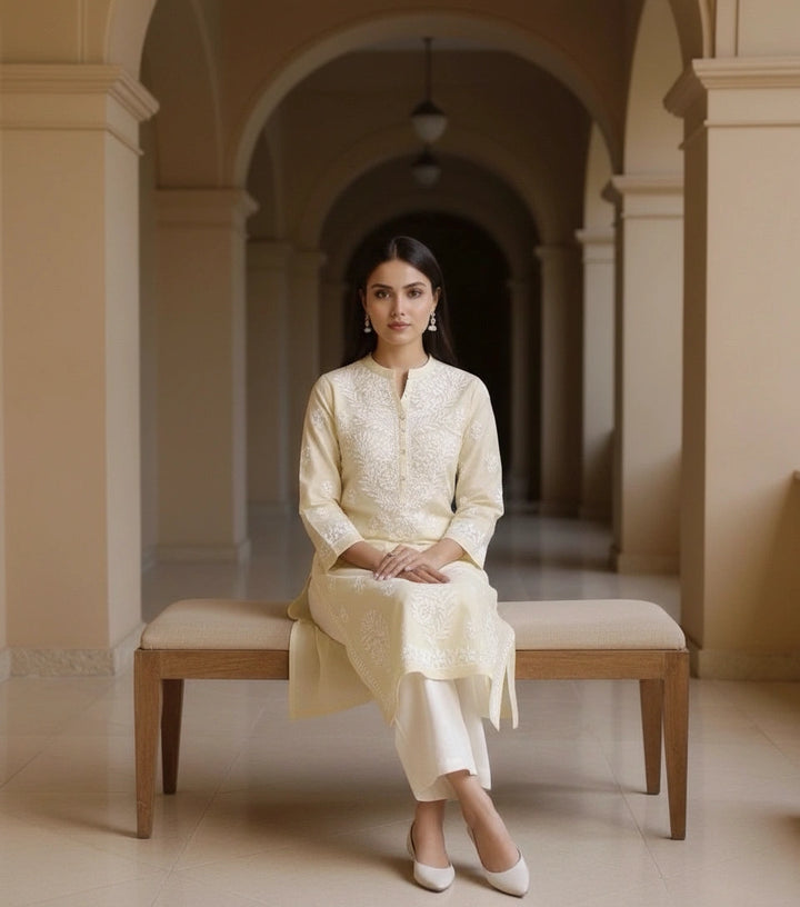 Light Yellow Cotton Chikankari kurta