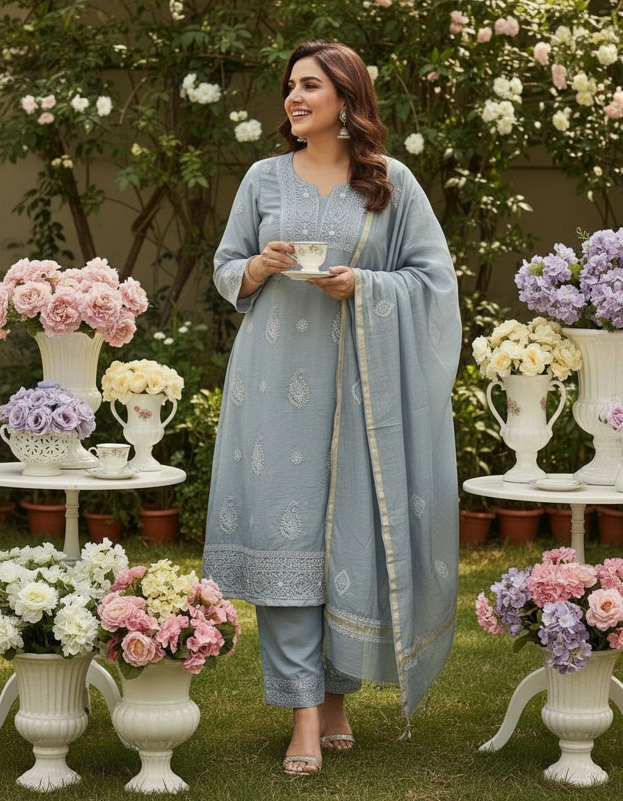 Grey Chanderi Chikankari Suit Set-custom Made