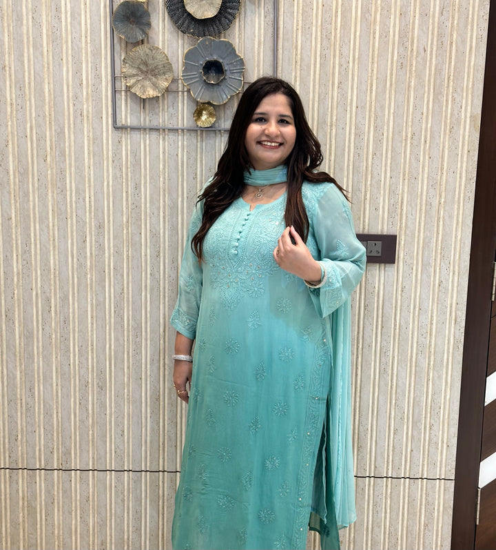 Sea Blue Chikankari Georgette Suit Set-Custom Made