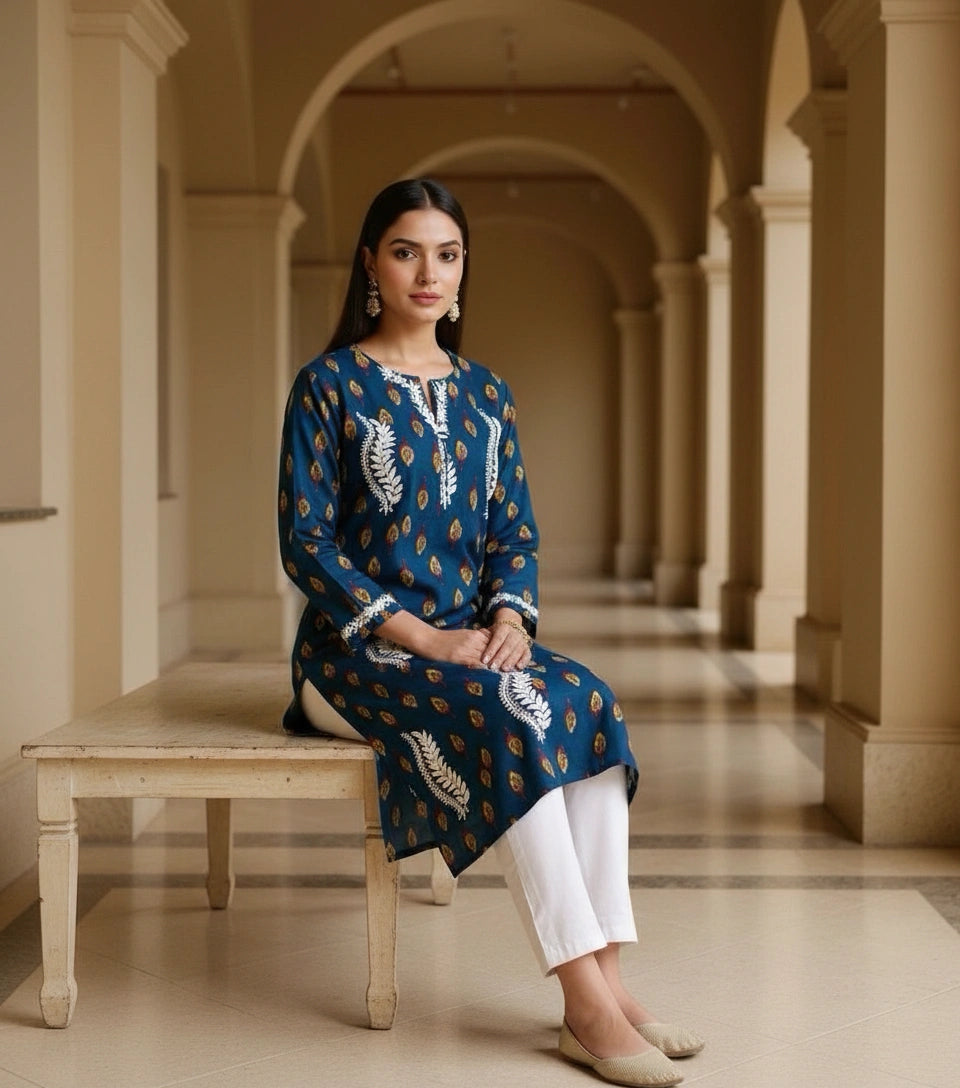 Peacock Blue Cotton Chikankari kurta Kurta