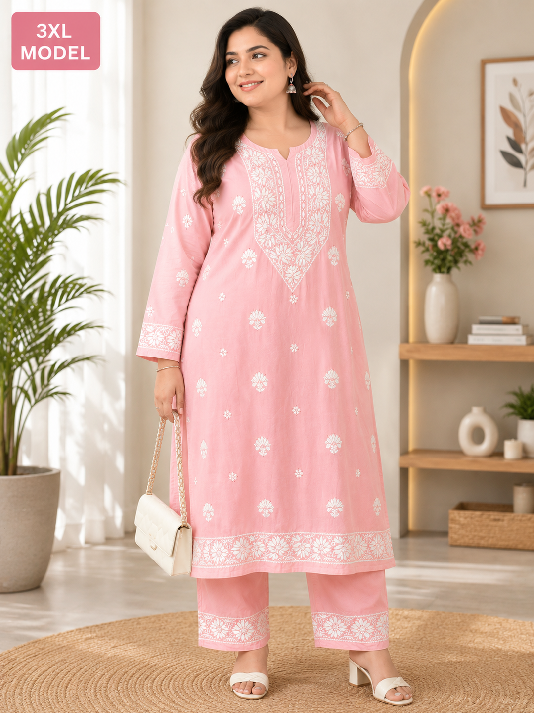 Pink Rayon Chikankari kurta pant set
