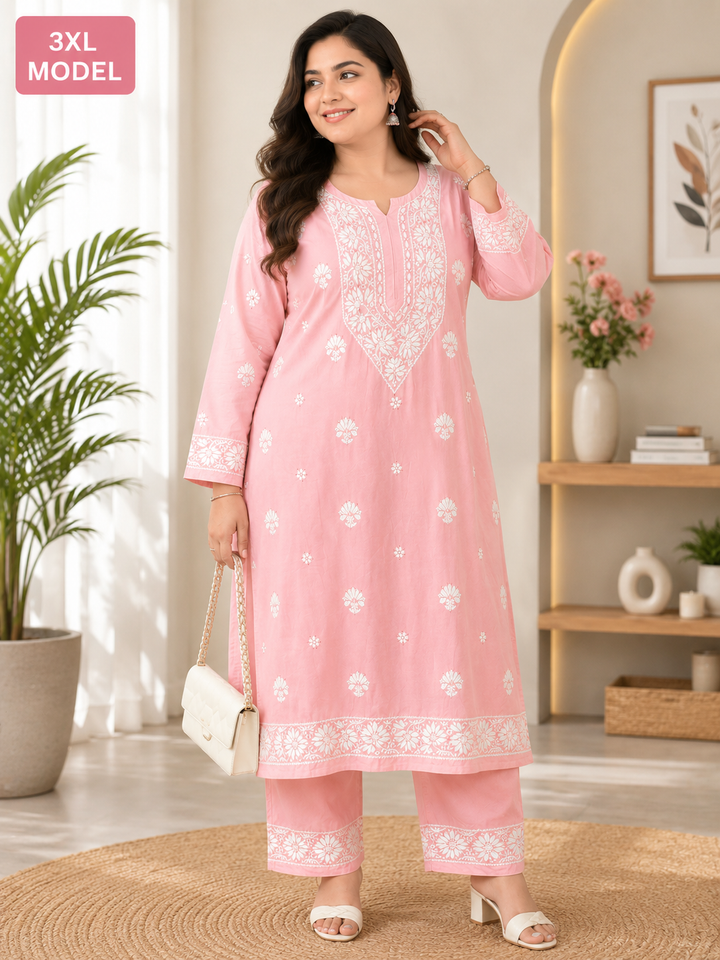 Pink Rayon Chikankari kurta pant set
