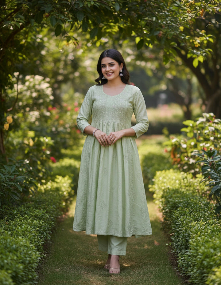 Lime green Chanderi Chikankari Suit Set -Custom Made