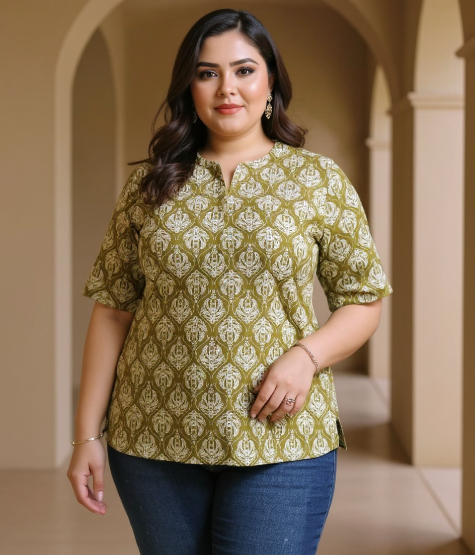 Olive green Printed Cotton Short kurta