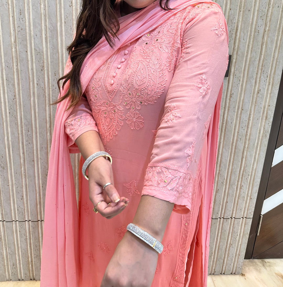 Peach ombre Chikankari Georgette Suit Set-Custom Made