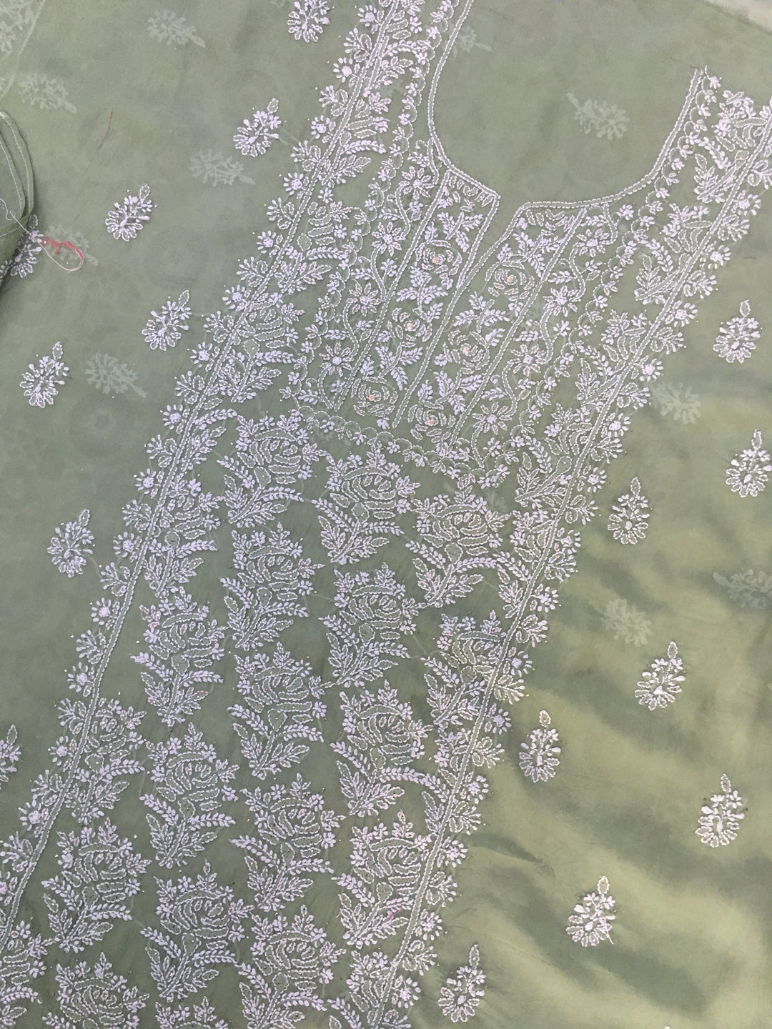 Olive green Chikankari Orzanga Kurta duppata Fabric