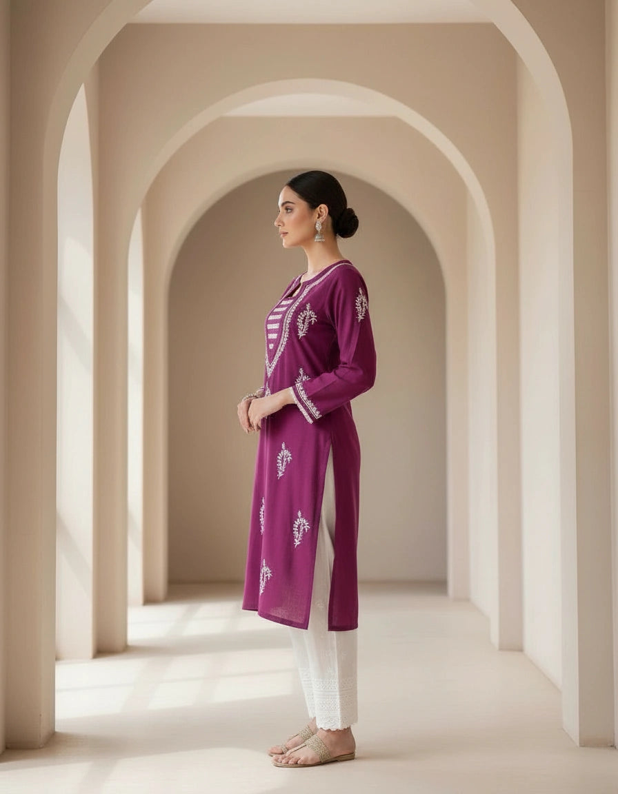 Wine Rayon Chikankari Short kurta