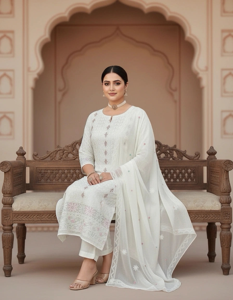 White Pure Georgette Chikankari kurta Dupatta Fabric