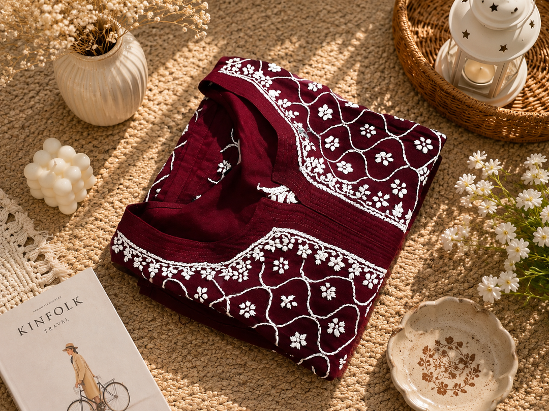 Wine rayon Chikankari kurta
