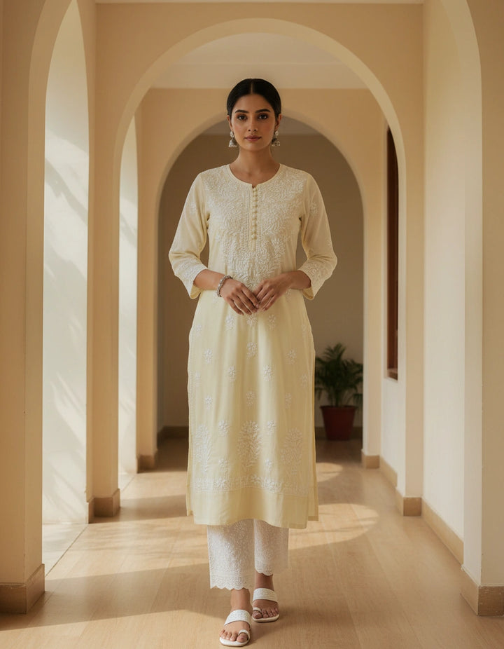 Light Yellow Cotton Chikankari kurta