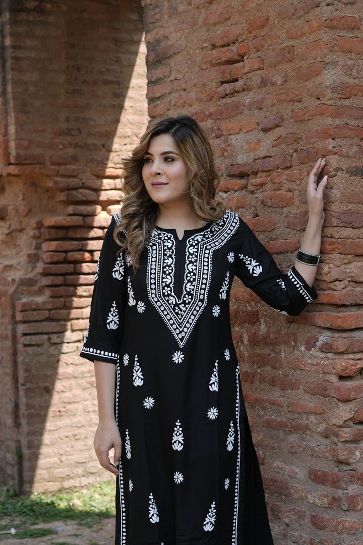 Black Rayon Chikankari Kurta Pant Set