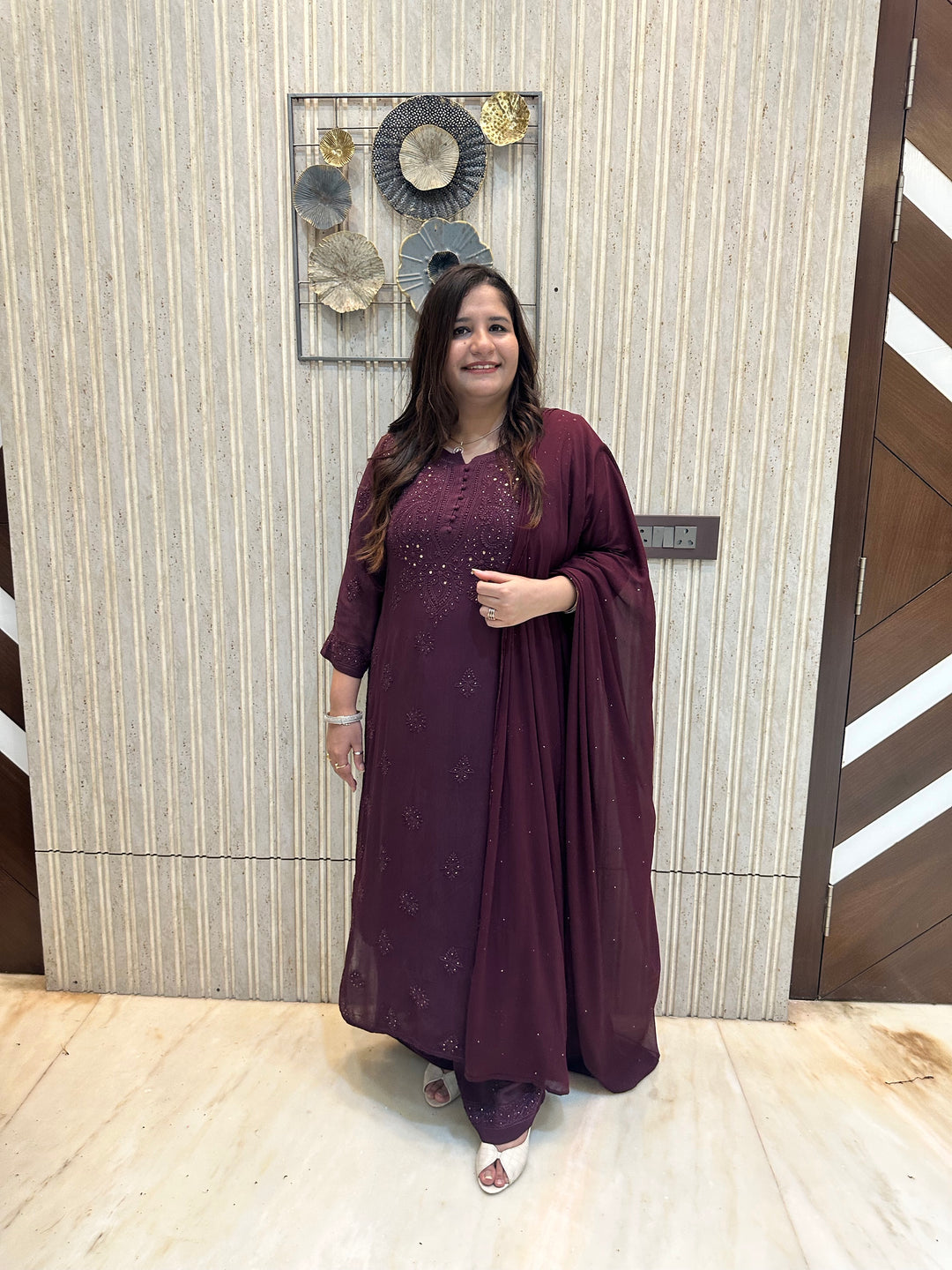 Wine Chikankari Georgette Suit Set-Custom Made