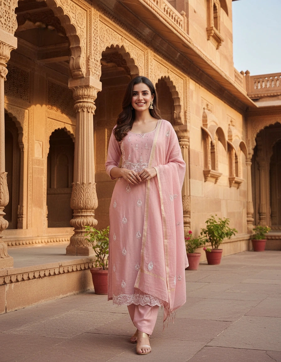 Mouve Chanderi Chikankari Suit Fabric