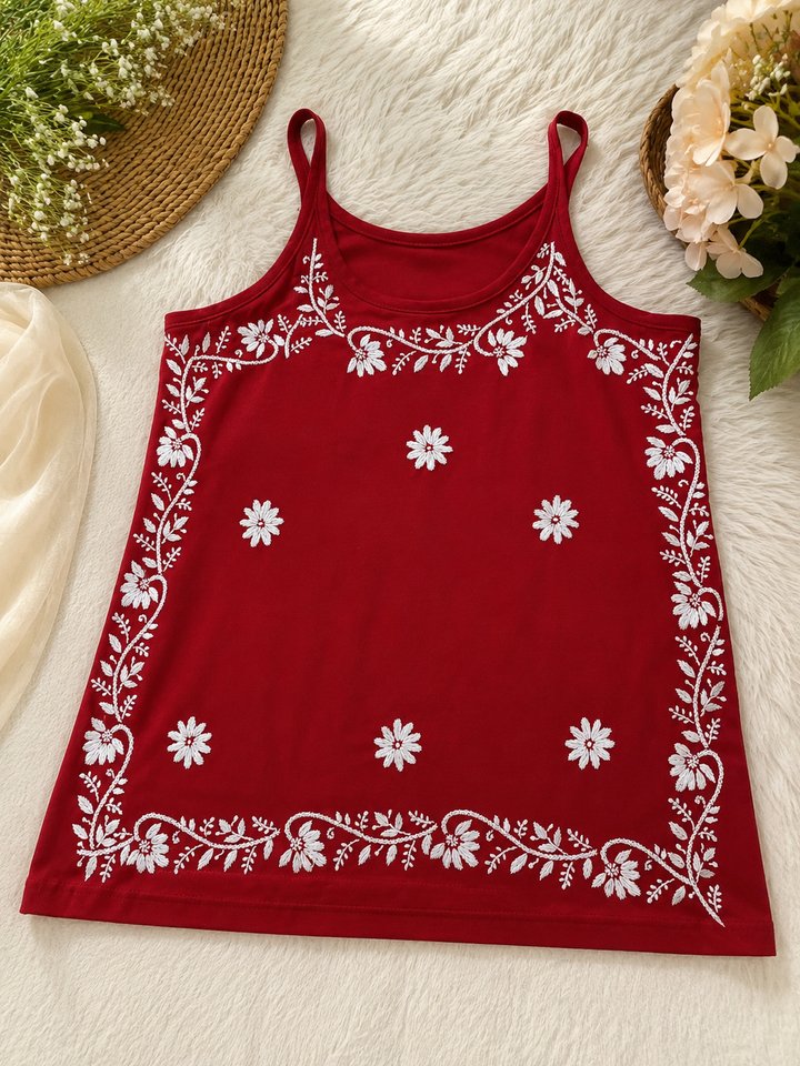 Red rayon Chikankari short kurta-Custom Made
