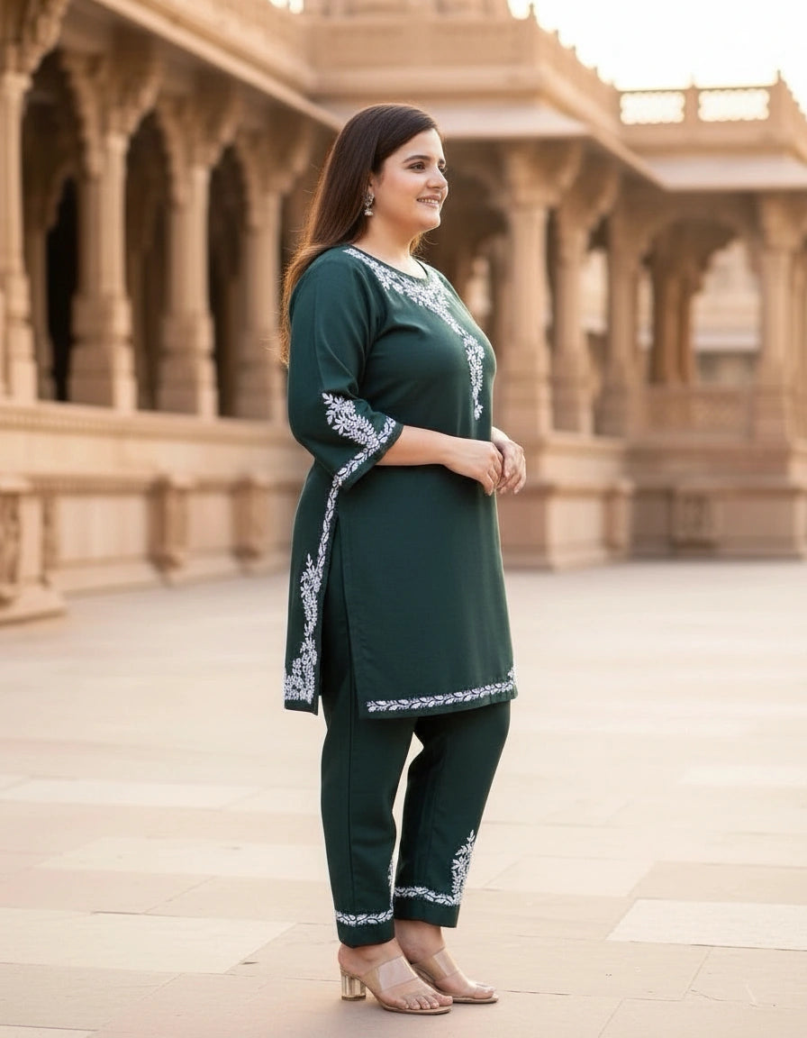 Dark Green Chikankari Co-Ord Set -Custom Made