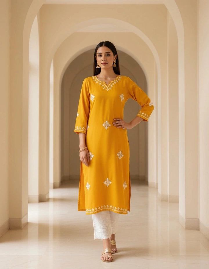 Dark Yellow Modal Chikankari kurta