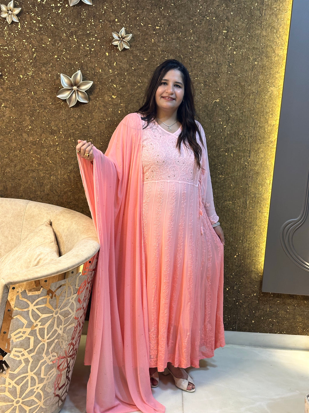 Peach Ombre Chikankari Georgette Anarkali Set-Custom Made