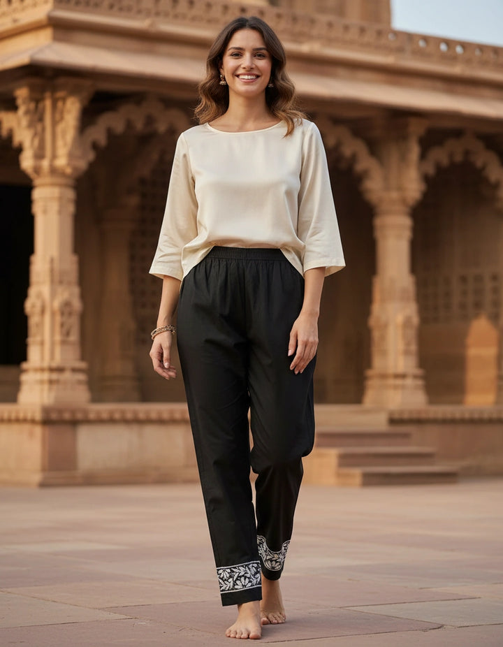 Black Stretchable Cotton Chikankari Pant