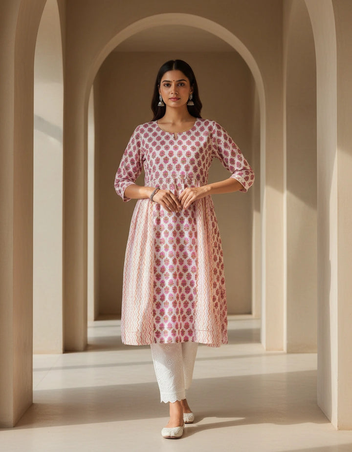 Off White Printed Cotton A-line Kurta