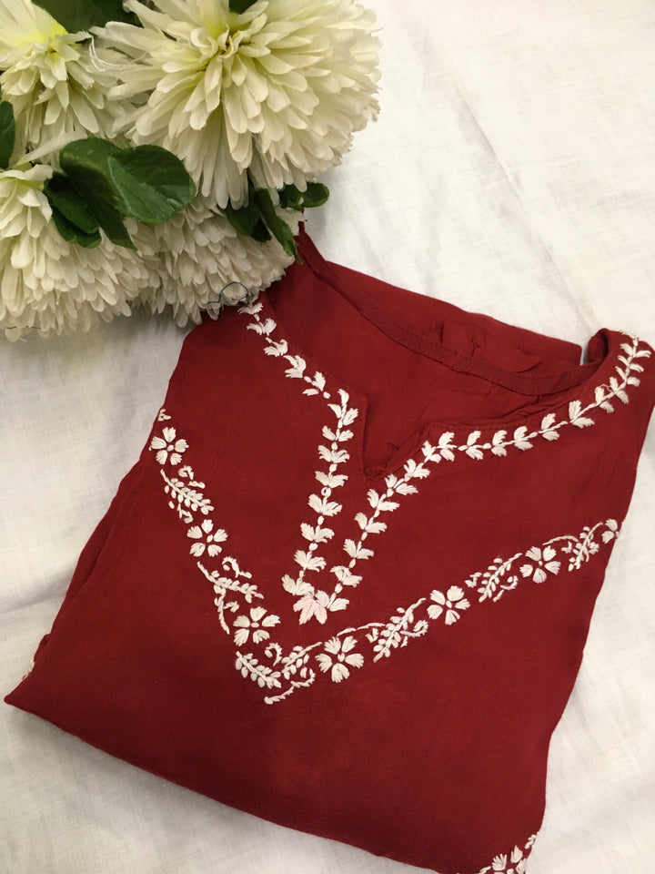 Maroon Rayon Chikankari kurta-Custom Made