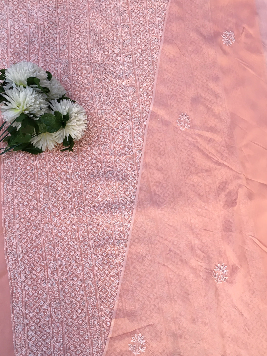 Peach Organza Chikankari Kurta Duppata fabric