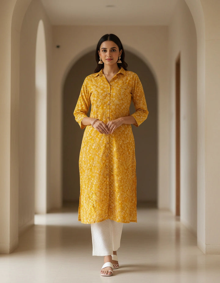 Mustard Printed Cotton kurta
