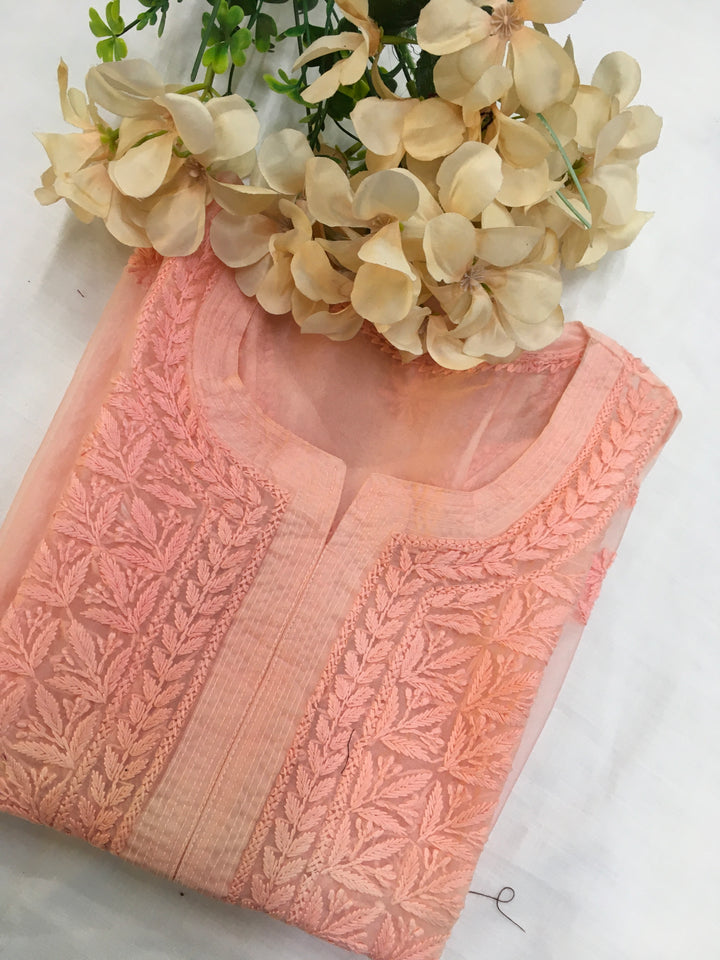 Peach silk Chikankari short kurta