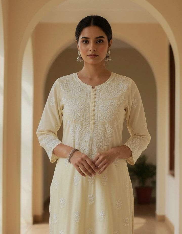 Light Yellow Cotton Chikankari kurta