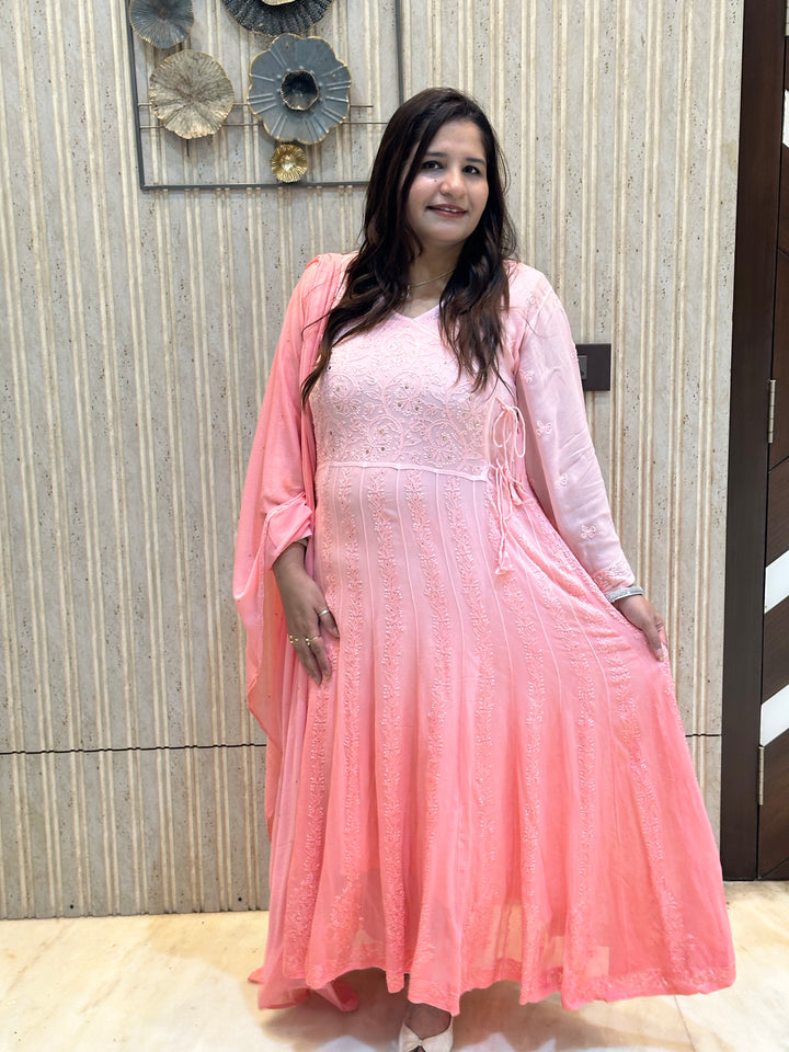 Peach Ombre Chikankari Georgette Anarkali Set-Custom Made