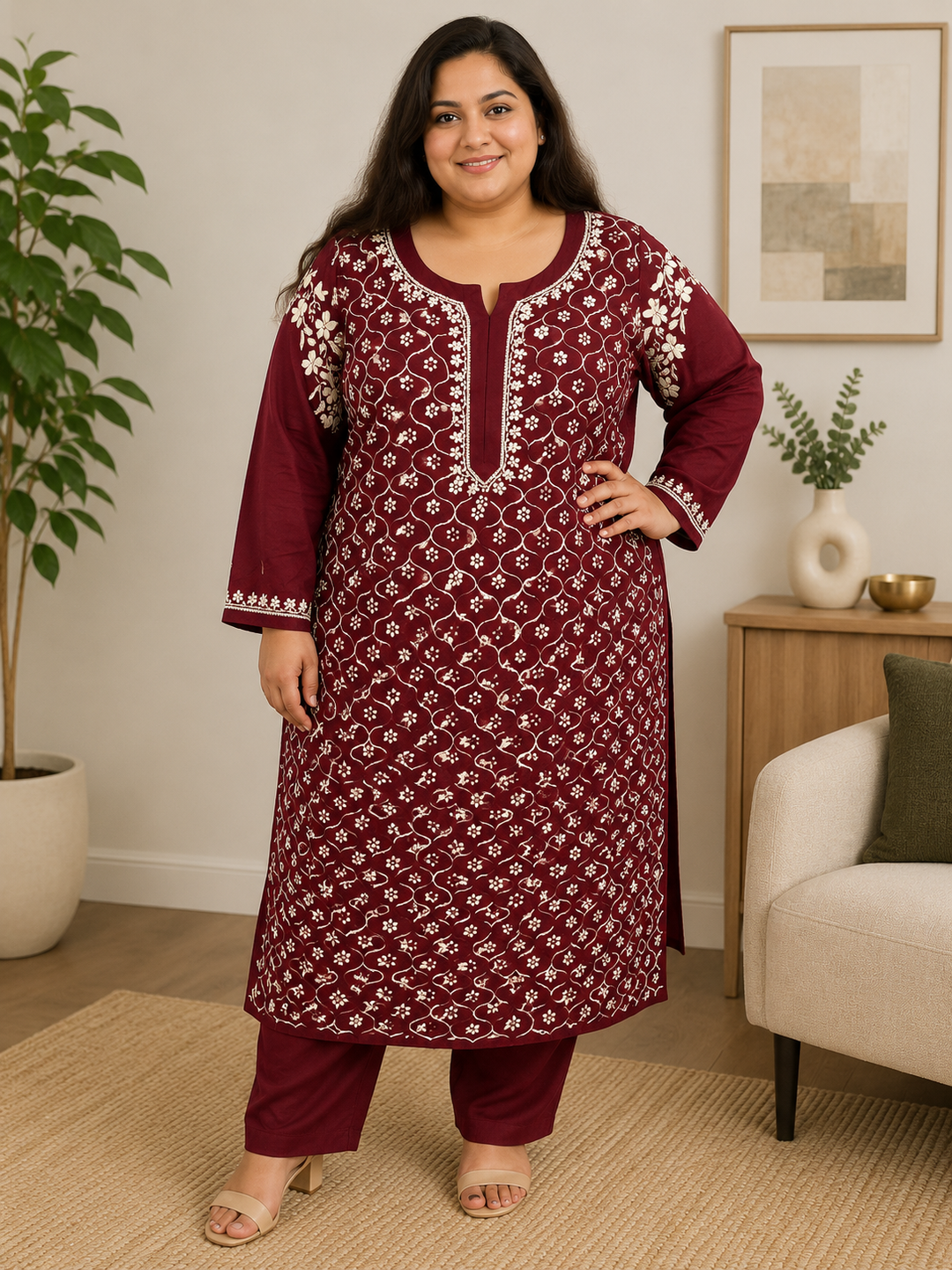 Wine rayon Chikankari kurta