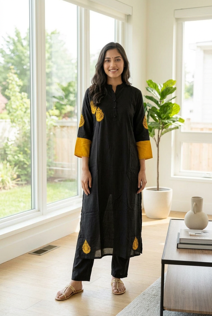 Black Rayon Chikankari Kurta Pant Set-Custom Made