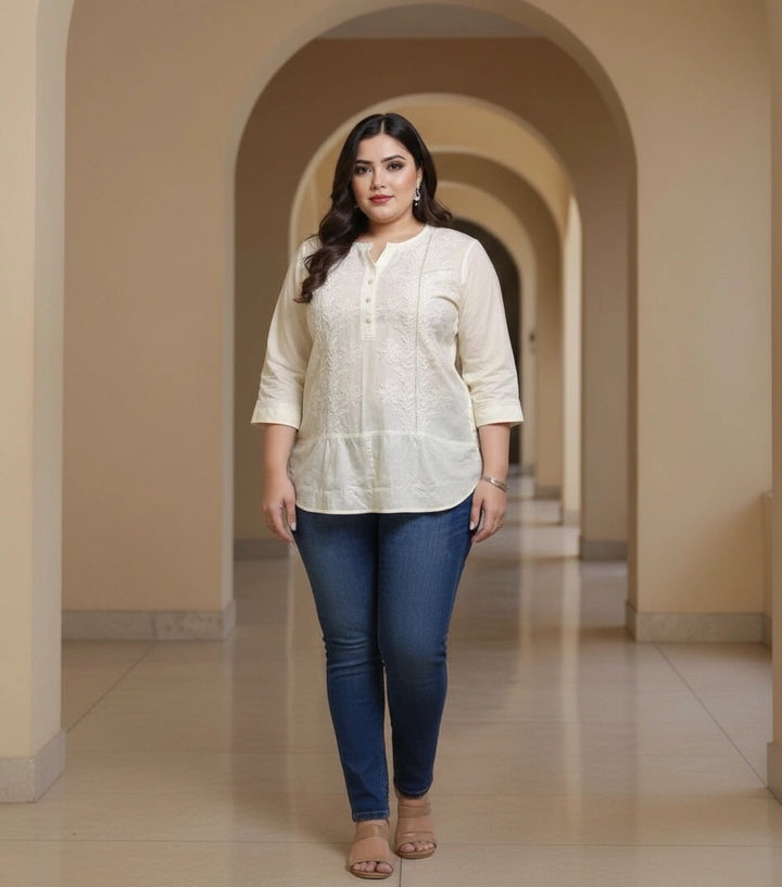 Light Green Cotton Chikankari Short kurta