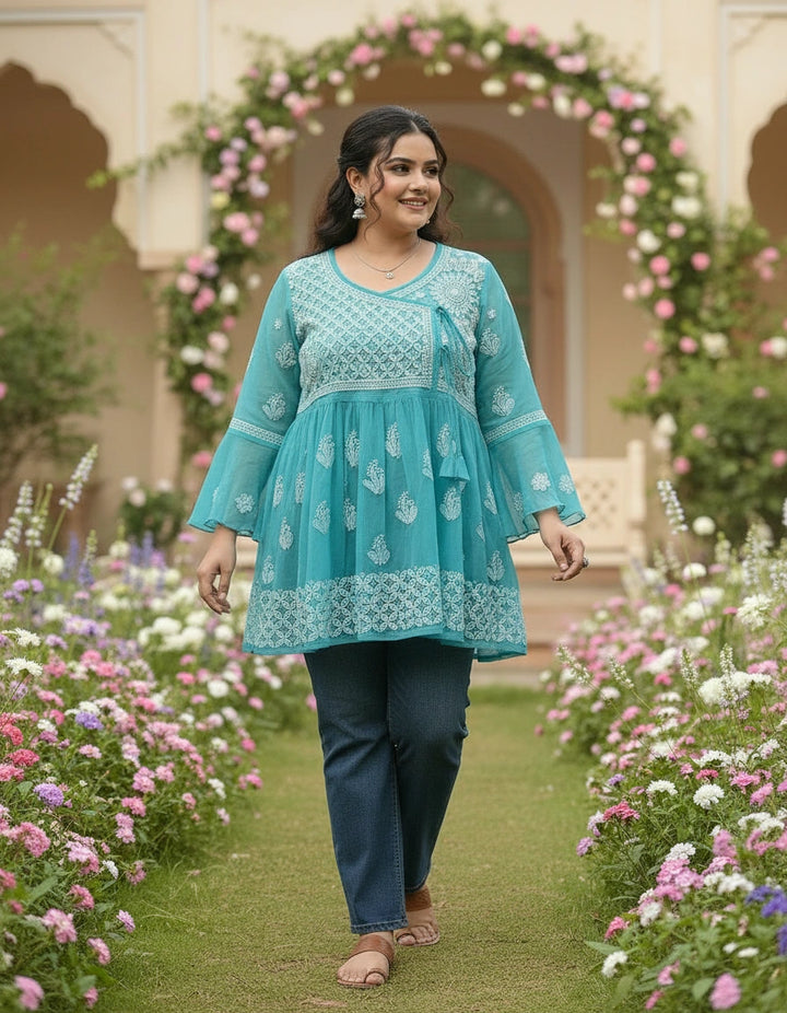 Sea Green Georgette Chikankari Short kurta
