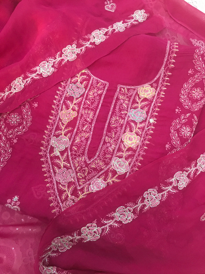 Magenta pink Georgette Chikankari Kurta Dupatta Fabric - Custom made