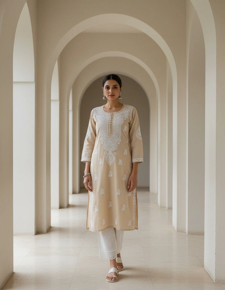 Beige Cotton Chikankari kurta