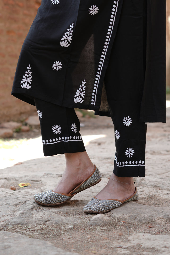 Black Rayon Chikankari Kurta Pant Set