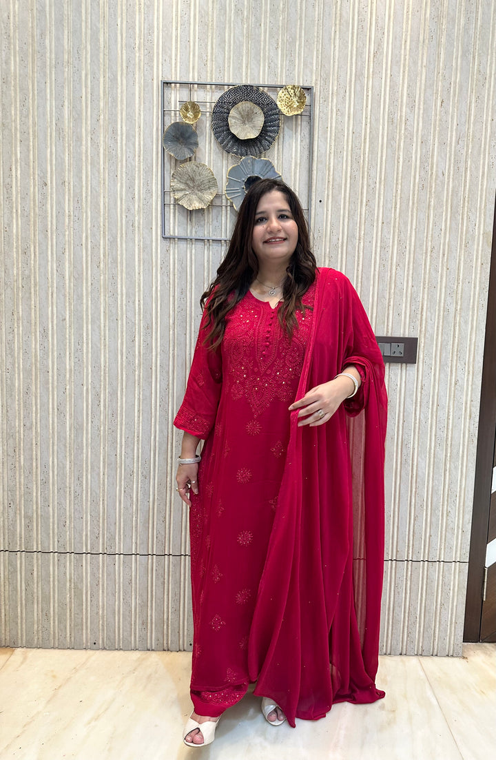 Rani Pink Chikankari Georgette Suit Set-Custom Made