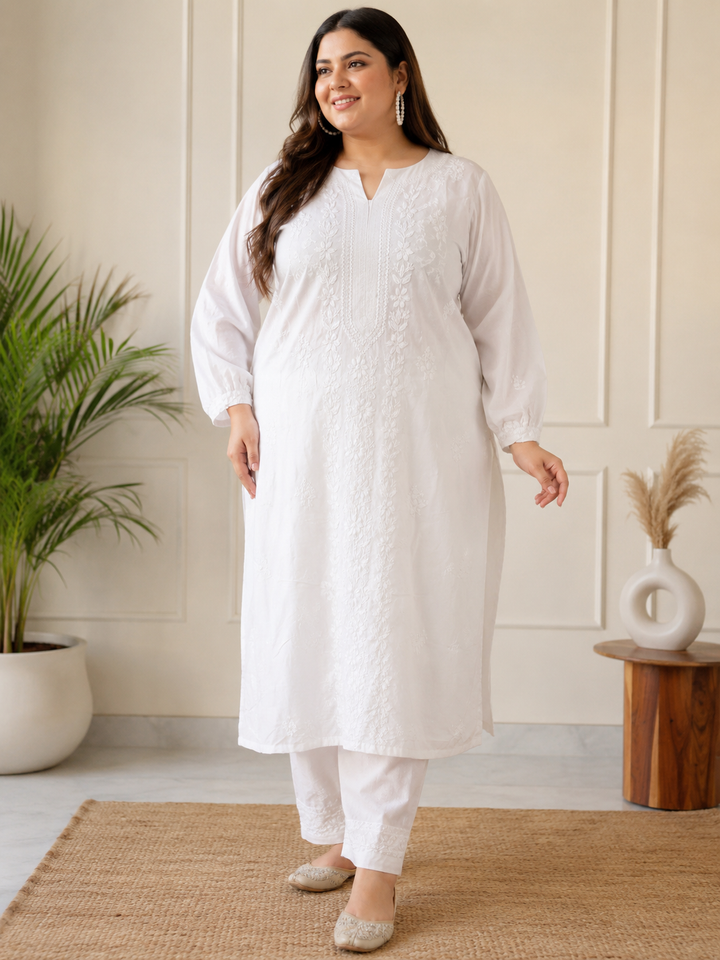 White Rayon Chikankari Kurta pant set - Custom Made