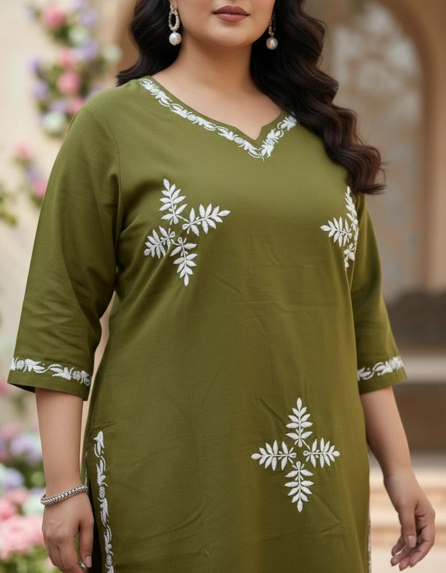 Olive green Modal Chikankari Short kurta