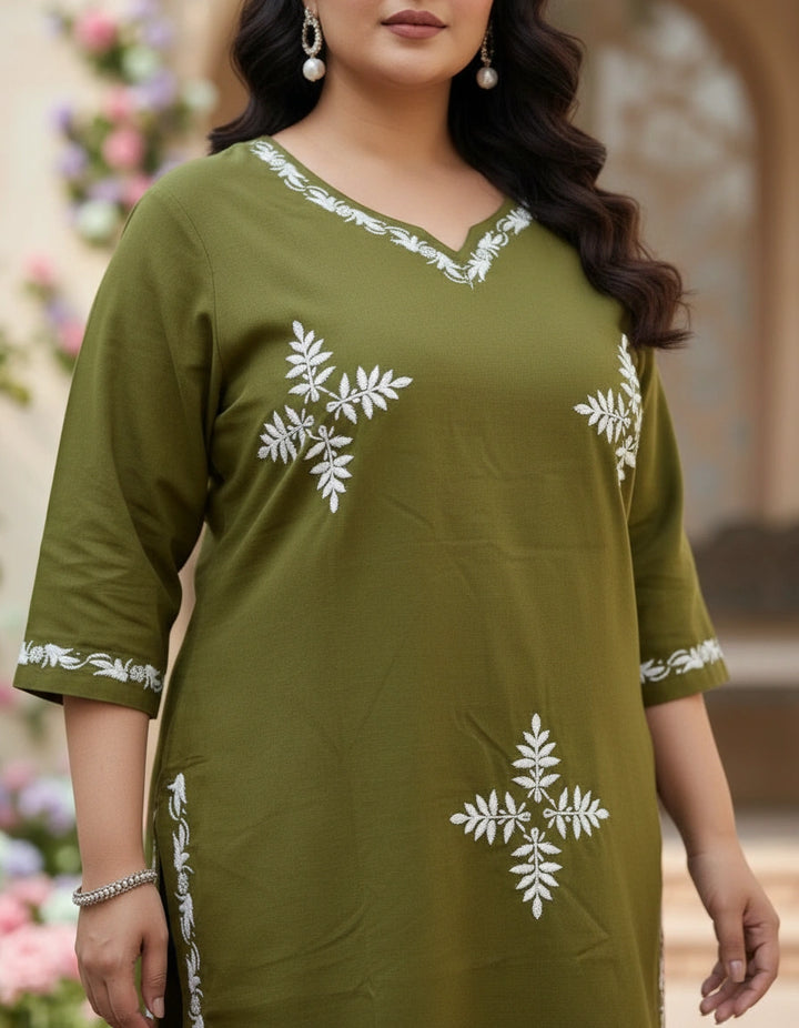 Olive green Modal Chikankari Short kurta