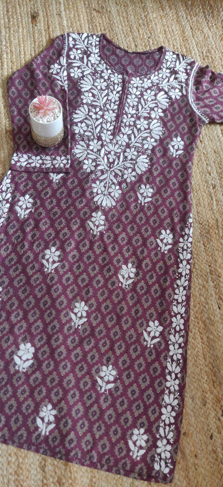 Wine Rayon Printed Chikankari kurta