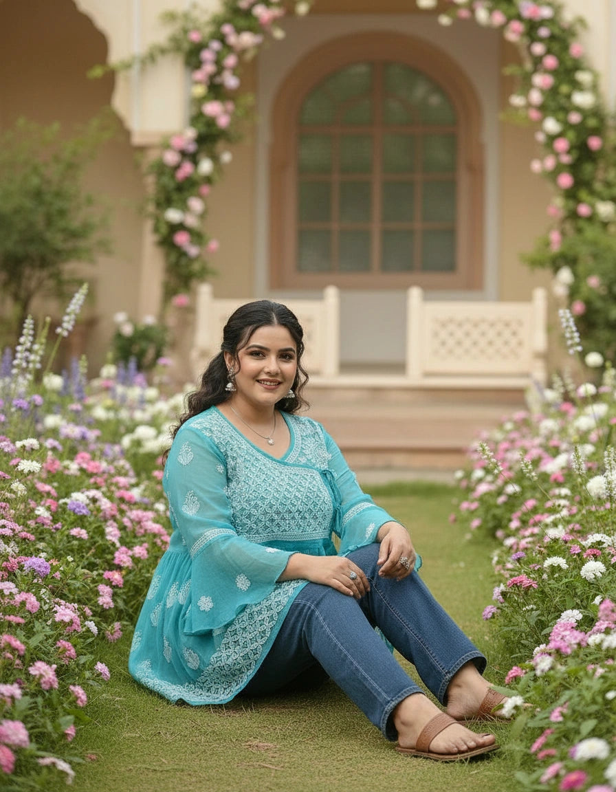 Sea Green Georgette Chikankari Short kurta